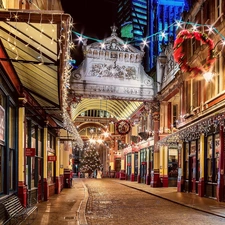 festive, Houses, London, christmas tree, Street, decor, England