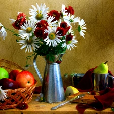tin, claret, basket, daisy, White, dishes, Fruits
