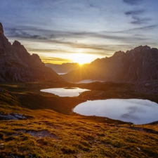 lakes, Great Sunsets, Dolomites, Italy, Mountains