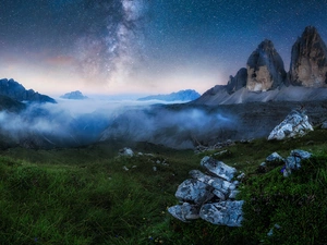 Dolomites, Mountains, rocks, grass, star, Italy, Night, Star way, Stones