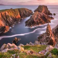 Sunrise, sea, County Donegal, Ireland, VEGETATION, rocks