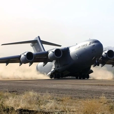 landing, troop-carrier, Boeing C-17 Globemaster III, dust