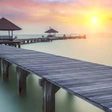 east, sun, sea, Fog, pier