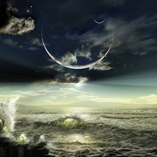 eclipse, Moon, Waves, Night, sea