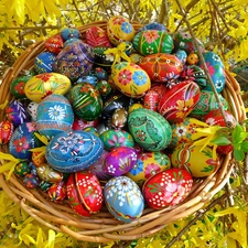 eggs, forsythia, basket, color, Easter