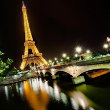 Paris, tower, Eiffla, night