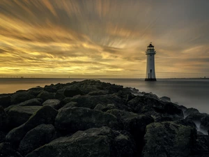Stones, sea, Wirral Peninsula, New Brighton Lighthouse, England