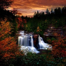 forest, waterfall, evening, autumn