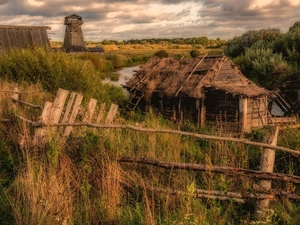 River, Old car, fence, Plants, Windmill, Watermill
