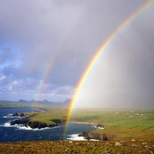 lake, Farms, field, rainbows