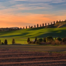 Houses, Tuscany, trees, summer, viewes, Italy, field, Sunrise, The Hills, cypresses