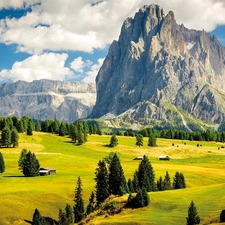 woods, field, clouds, Houses, viewes, Valley, Mountains, trees