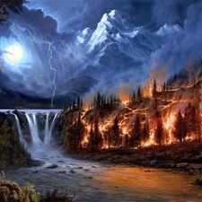 fire, Mountains, waterfall, Storm, Night