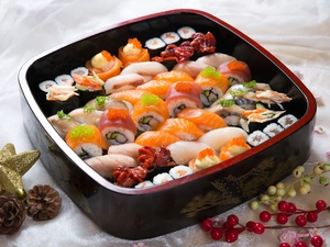 Sushi, caviar, container, fish