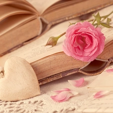 Books, rose, flakes, Heart