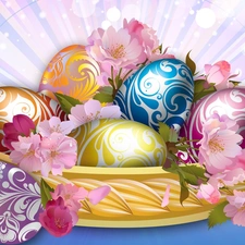 Flowers, basket, color, eggs, Easter