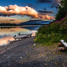 Flowers, clouds, Boats, Mountains, lake