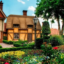 English, garden, Flowers, Houses