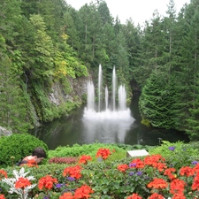 fountain, forest, Flowers, lake