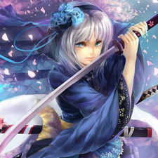 girl, flakes, flowers, katana