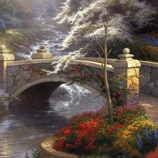 Flowers, green, brook, bridges, Park