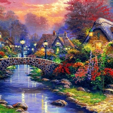 Houses, River, Flowers, bridge