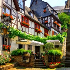 Houses, Sunshade, Flowers, Stairs