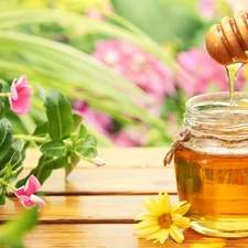 Flowers, honey, jar