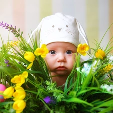 Kid, Easter, Flowers, Bonnet