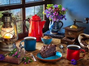 jug, Oil Lamp, Mugs, cake, grains, composition, Window, mill, Flowers, Books, coffee