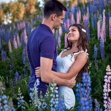 Women, Flowers, lupine, a man