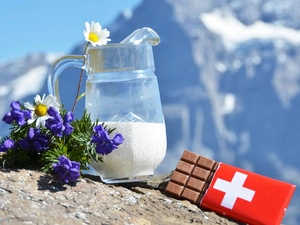 Mountains, chocolate, jug, Flowers