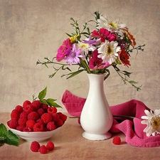 flowers, raspberries, pottery, bouquet, White