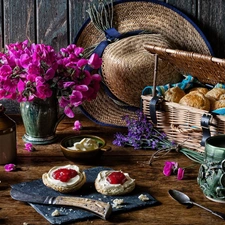 Lamp, composition, Roll, Jam, Hat, Bouquet of Flowers