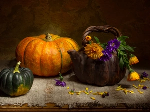 Flowers, pumpkin, teapot