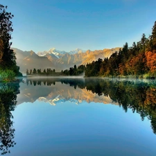 Fog, autumn, woods, Mountains, lake