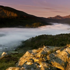 Mountains, rocks, Fog, woods