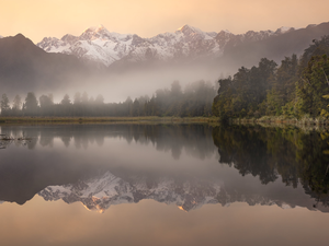 Matheson Lake, Mountains, viewes, New Zeland, Fog, Mount Cook National Park, trees, Sunrise, Mount Cook, reflection