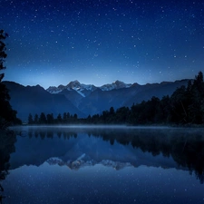 Fog, Night, lake, forest, Mountains