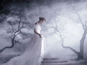 young lady, White, viewes, Dress, Women, trees, Fog