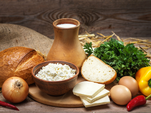 food, composition, bread, milk, eggs, parsley, onion, pepper, cheese