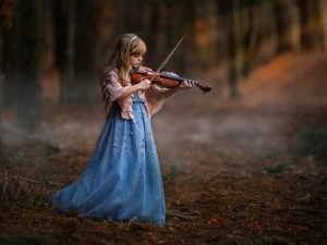 Blue, girl, violin, forest, dress, Blonde