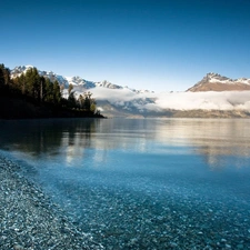 lake, Fog, forest, Mountains