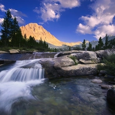 River, Mountains, forest, rocks