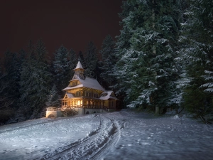 Zakopane, Jaszczurowka, Poland, winter, Way, light, church, forest, Chapel of the Sacred Heart of Jesus