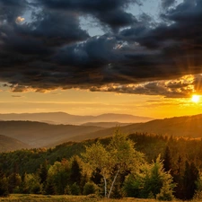 forest, Mountains, trees, viewes, Beskydy, Poland, Sunrise, clouds, Fog