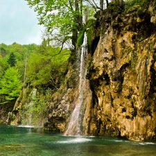 waterfall, Rocks, forest, lake