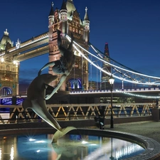 fountain, dolphin, bridge, Tower Bridge, England