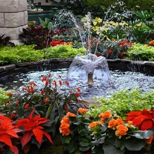 fountain, Garden, Flowers