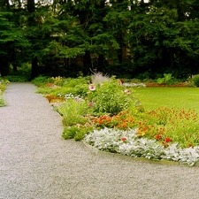 Garden, green, fountain, Flowers